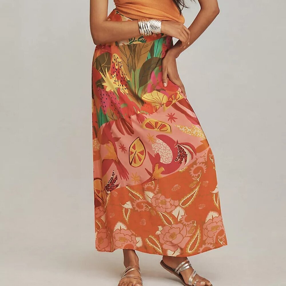 NWT Anthropologie Farm Rio Orange & Pink Tropical Floral Midi Skirt Sz. XS